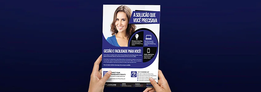 Impresso promocional azul e branco